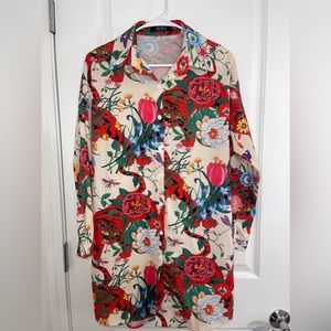 Vibrant floral & animal print button up blouse